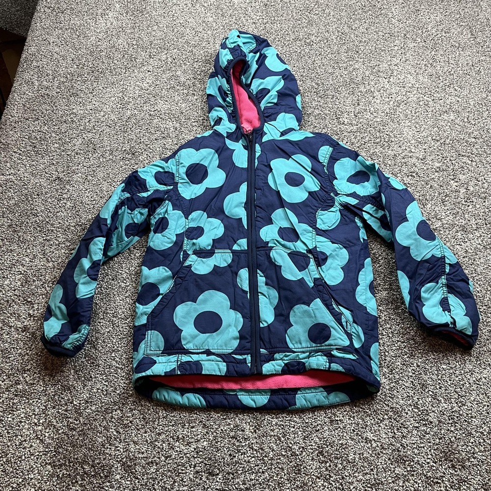 Mini Boden Jacket Girls 11-12Y Blue Floral Hooded Fleece Lined Puffer Coat Pink